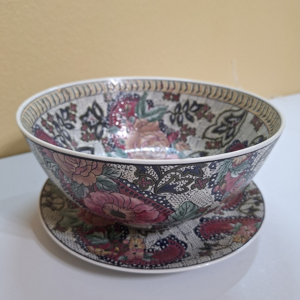 Vintage Accent Chinese Plate & Bowl Large 10"‎ Textured Floral Decor